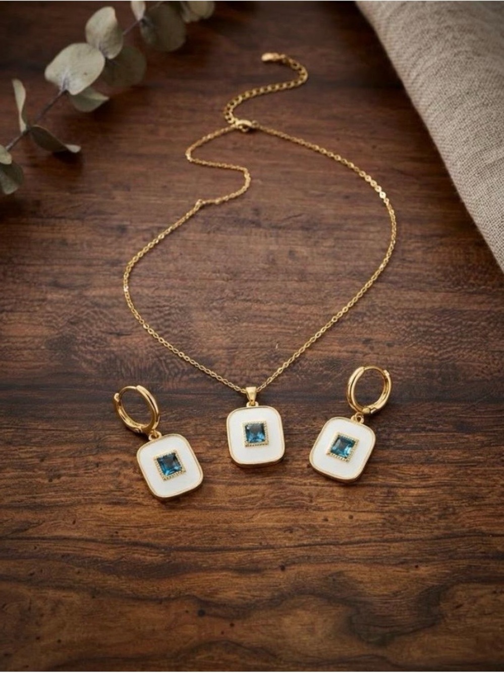 Gold-Plated White & Blue Square Pendant Necklace and Earring Set